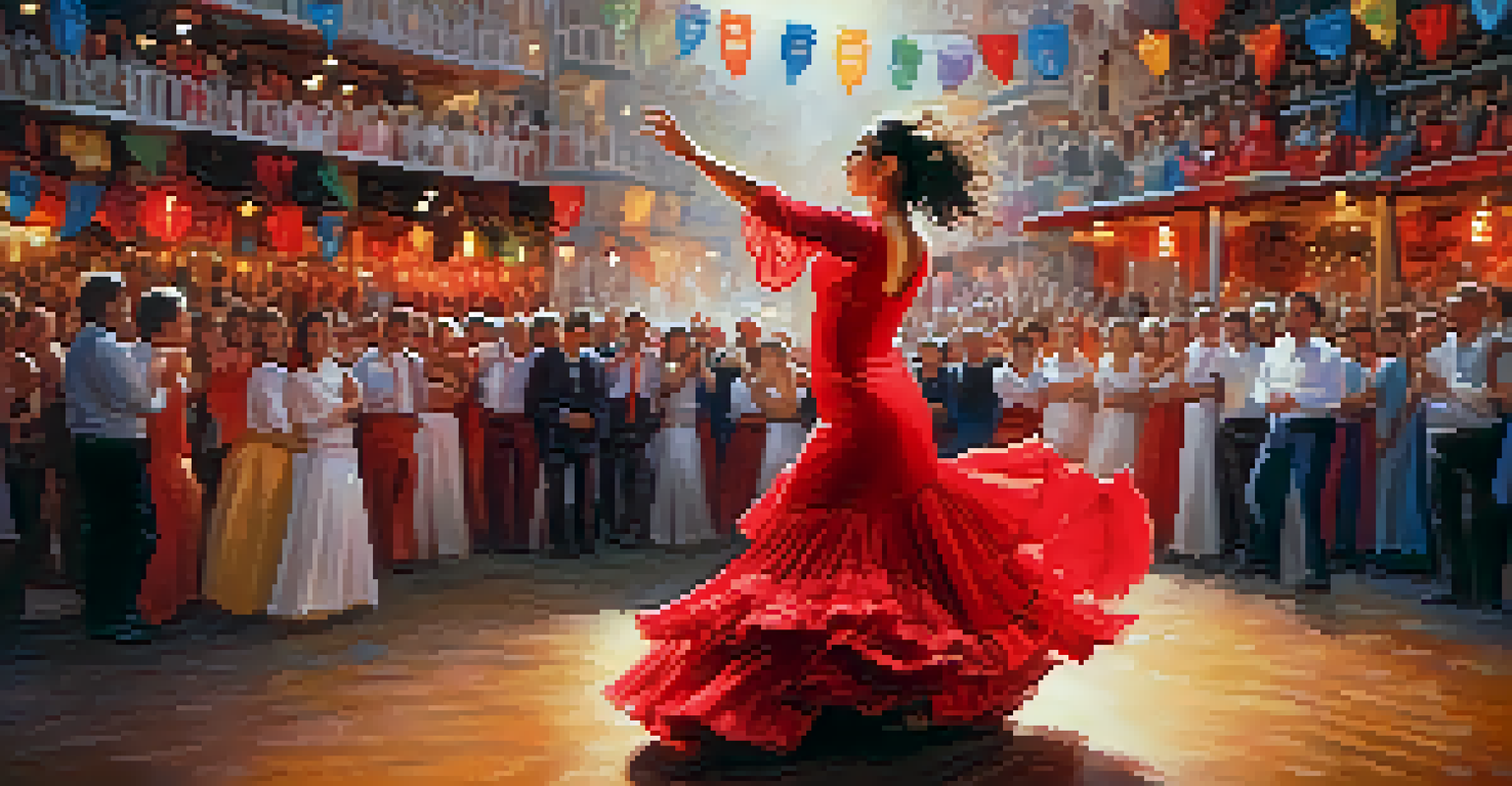 A flamenco dancer performing passionately in a red dress, with a lively crowd and festive decorations in the background.