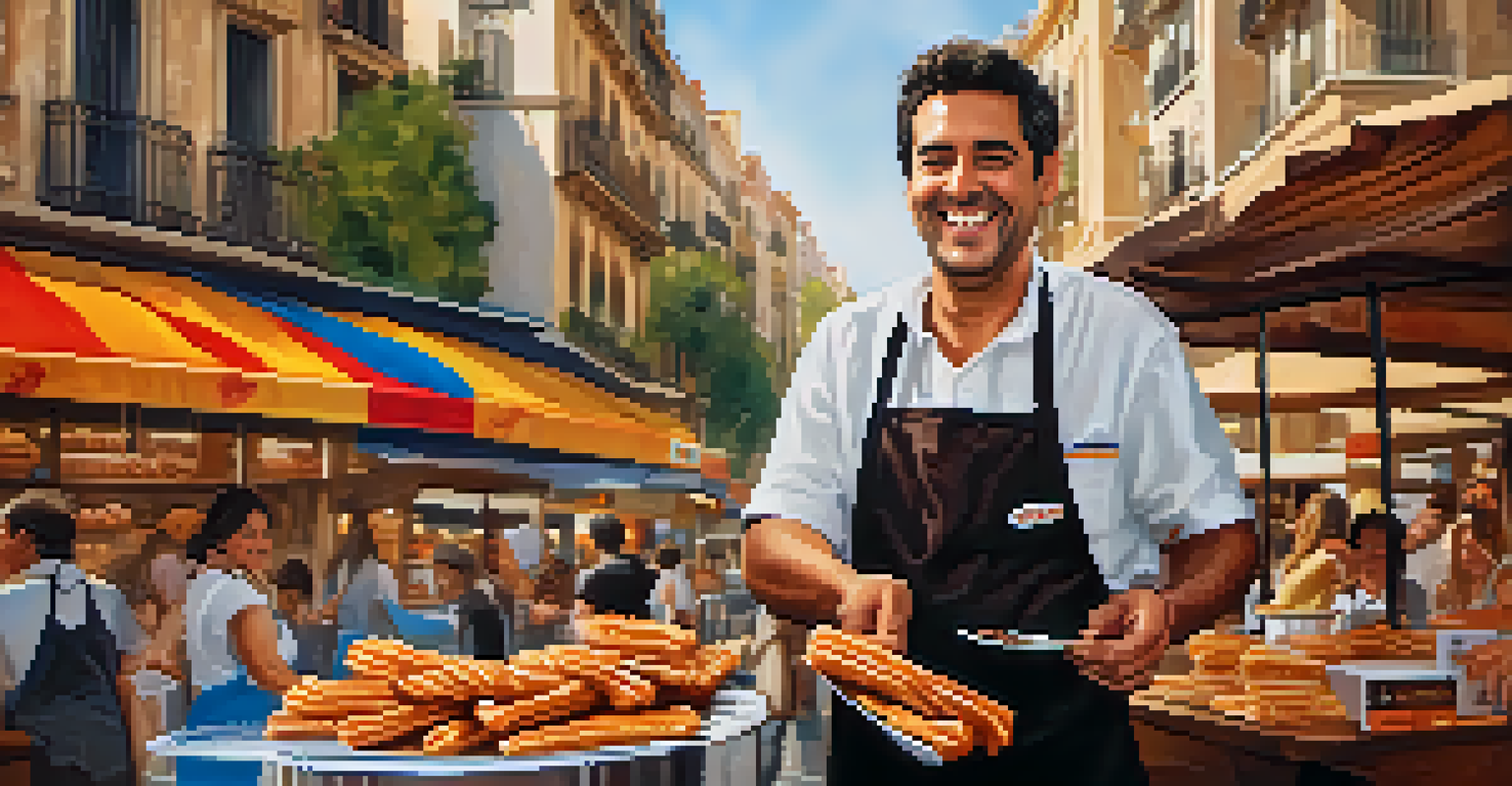 A smiling street food vendor serving churros con chocolate to a customer in Barcelona.
