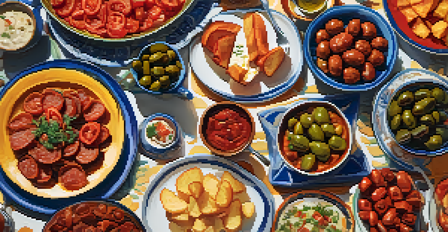 An overhead view of a vibrant tapas spread including chorizo, olives, and patatas bravas on a decorative table.
