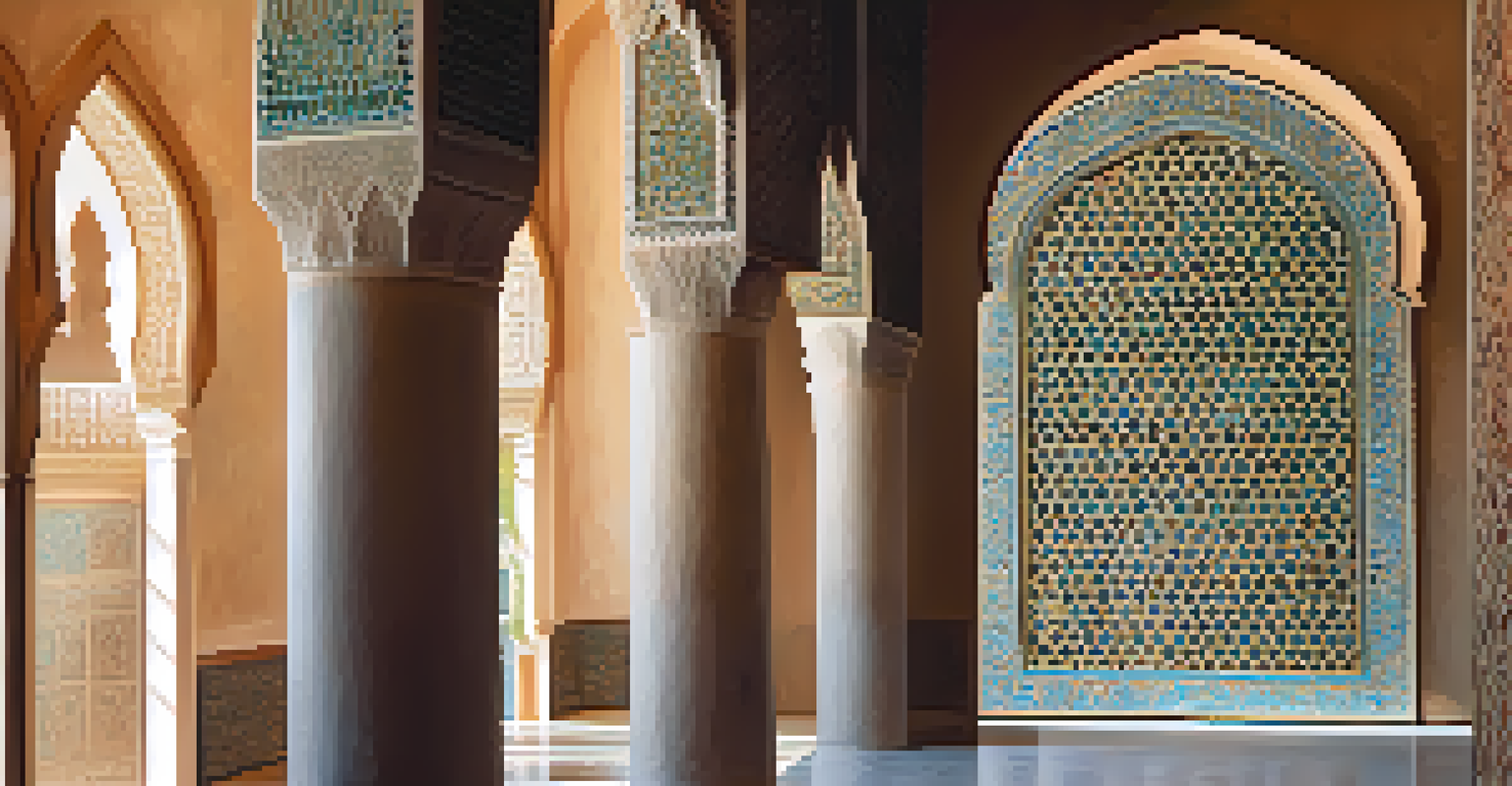 Close-up of an ornate archway in Alhambra Palace, featuring intricate tile work and shadows.