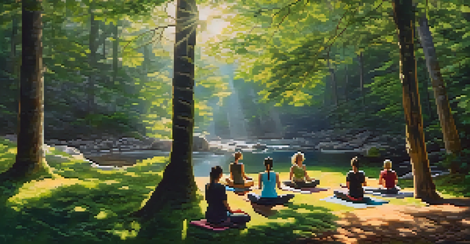 A tranquil forest setting in Galicia, Spain, with people practicing yoga and meditation surrounded by trees and a gentle stream.