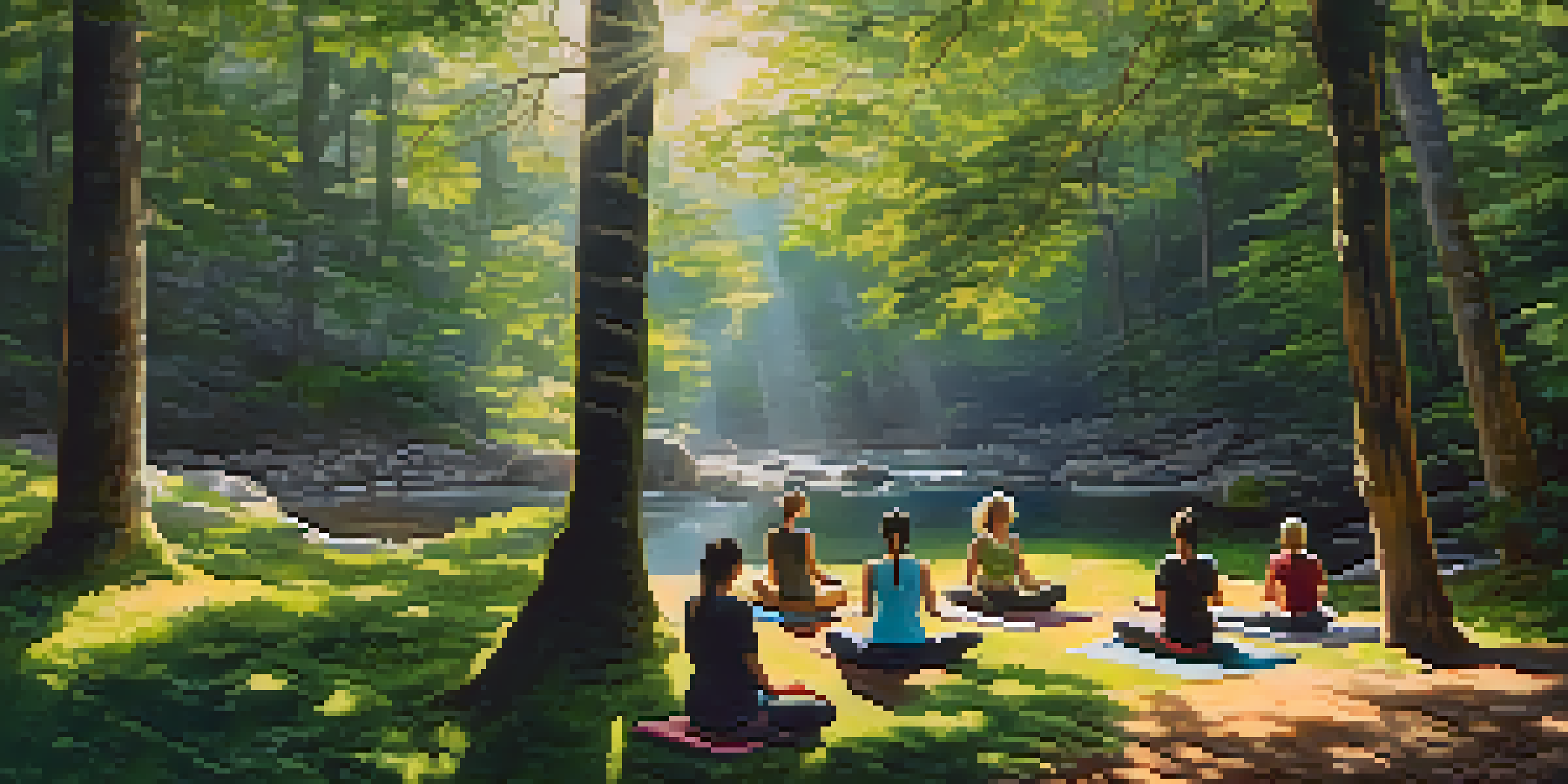 A tranquil forest setting in Galicia, Spain, with people practicing yoga and meditation surrounded by trees and a gentle stream.