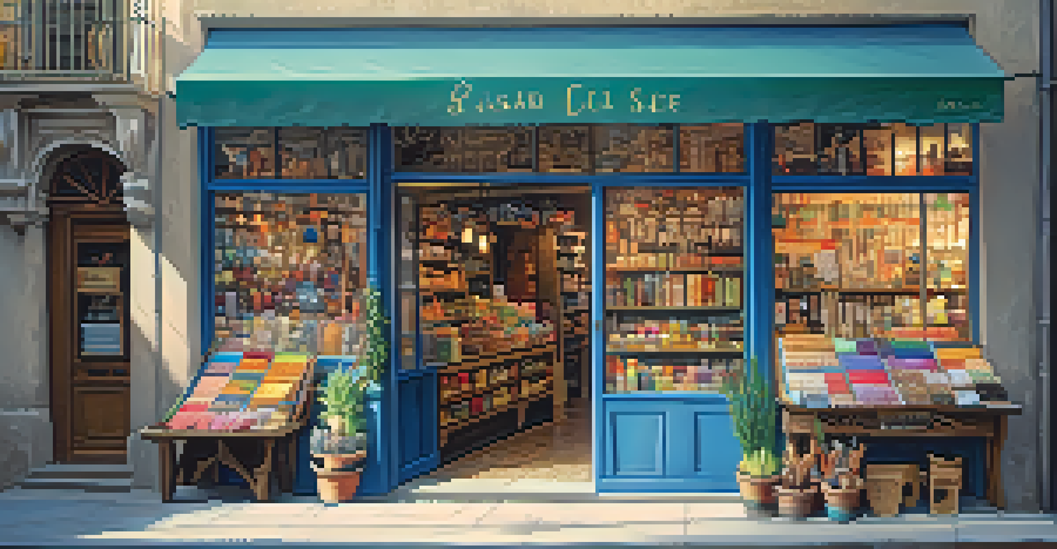 A close-up of an artisanal shop in Barcelona, displaying handmade crafts and local products with a welcoming shopkeeper at the entrance.