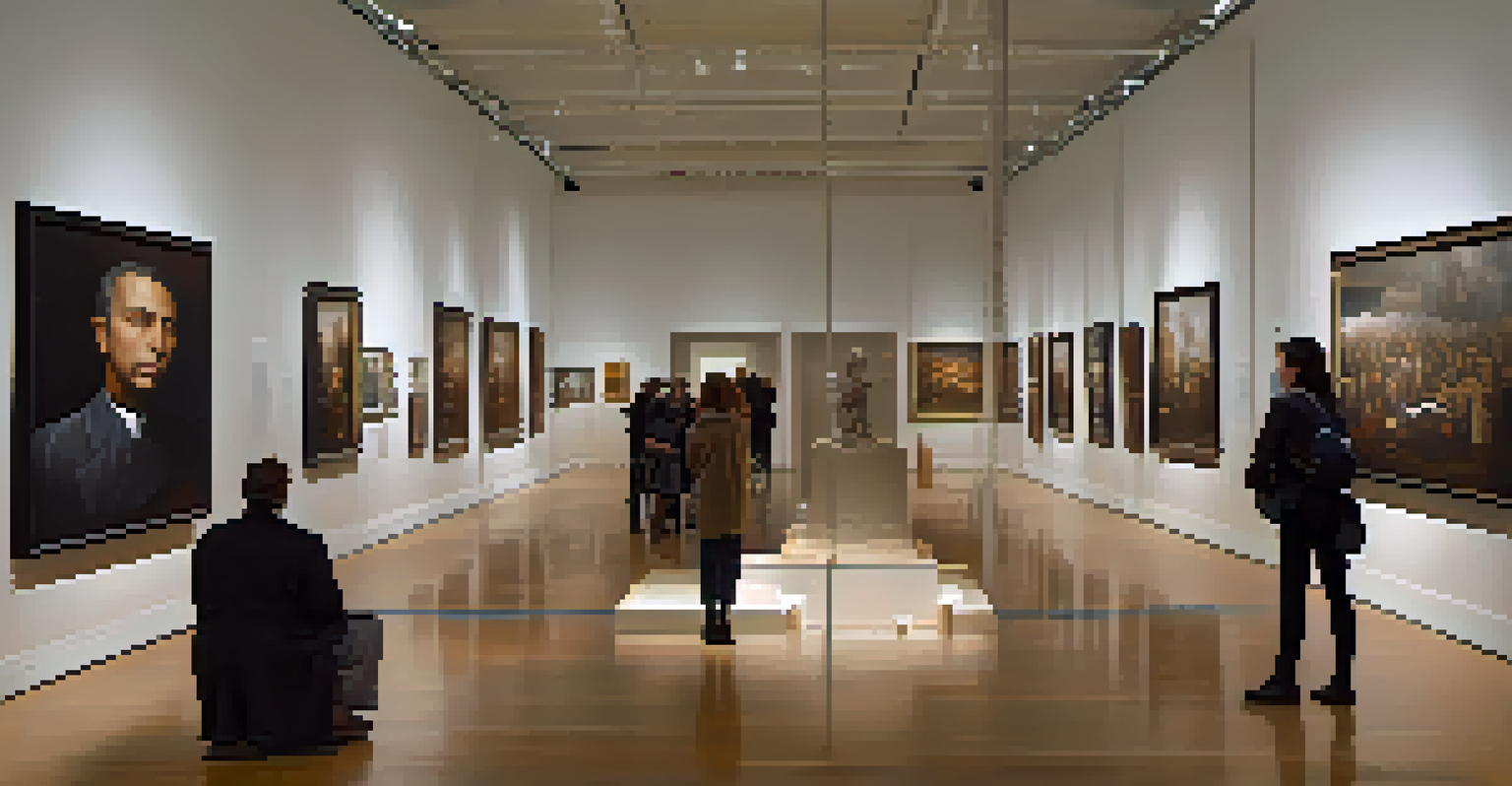 A dimly lit art exhibit showcasing emotive paintings of historical events, with visitors reflecting on the artwork.