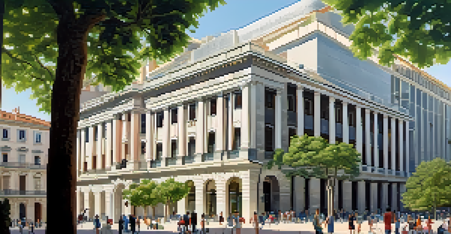 Exterior view of the Reina Sofia Museum, displaying its architectural blend of historic and modern elements in warm afternoon light.