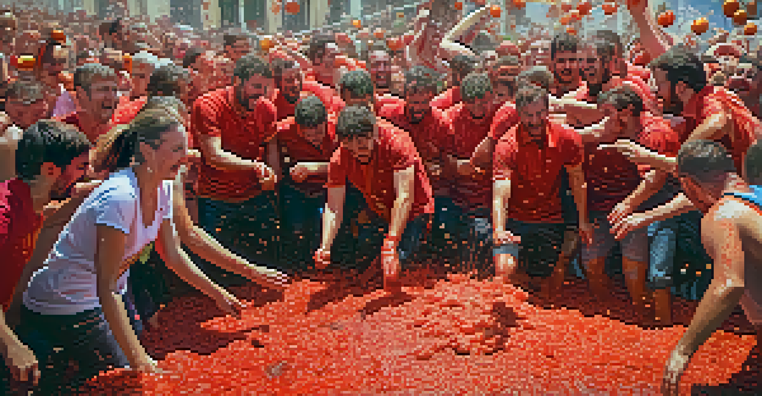 A lively scene of La Tomatina festival in Spain, with people throwing tomatoes and celebrating amidst a colorful and joyful atmosphere.