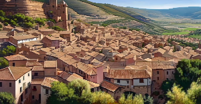 A scenic view of the medieval village of Albarracín with pink stone buildings and a castle, surrounded by natural greenery and wildflowers.