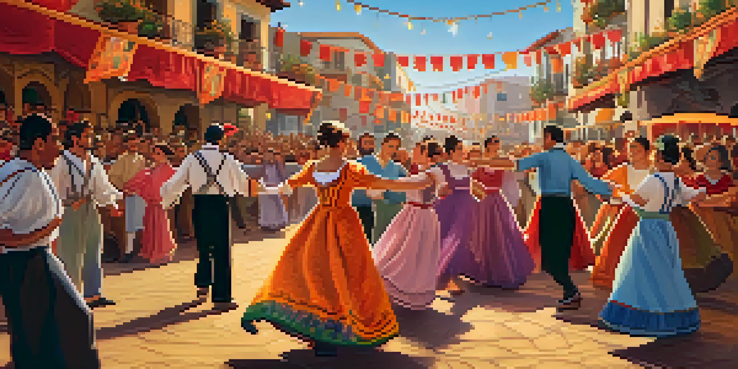 A lively scene from a Spanish folklore festival with performers in traditional costumes and a colorful crowd in the background.