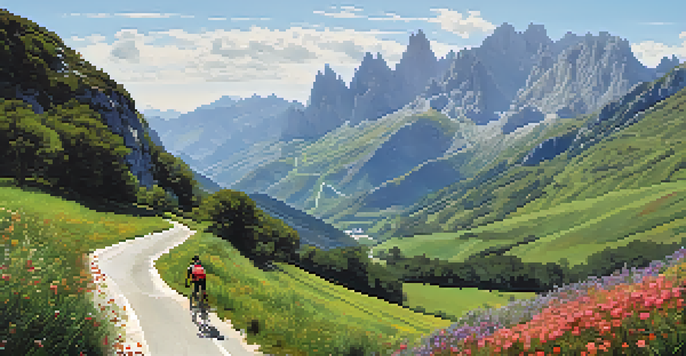 A cyclist on a peaceful path in the Picos de Europa, with lush valleys and mountains in the background.