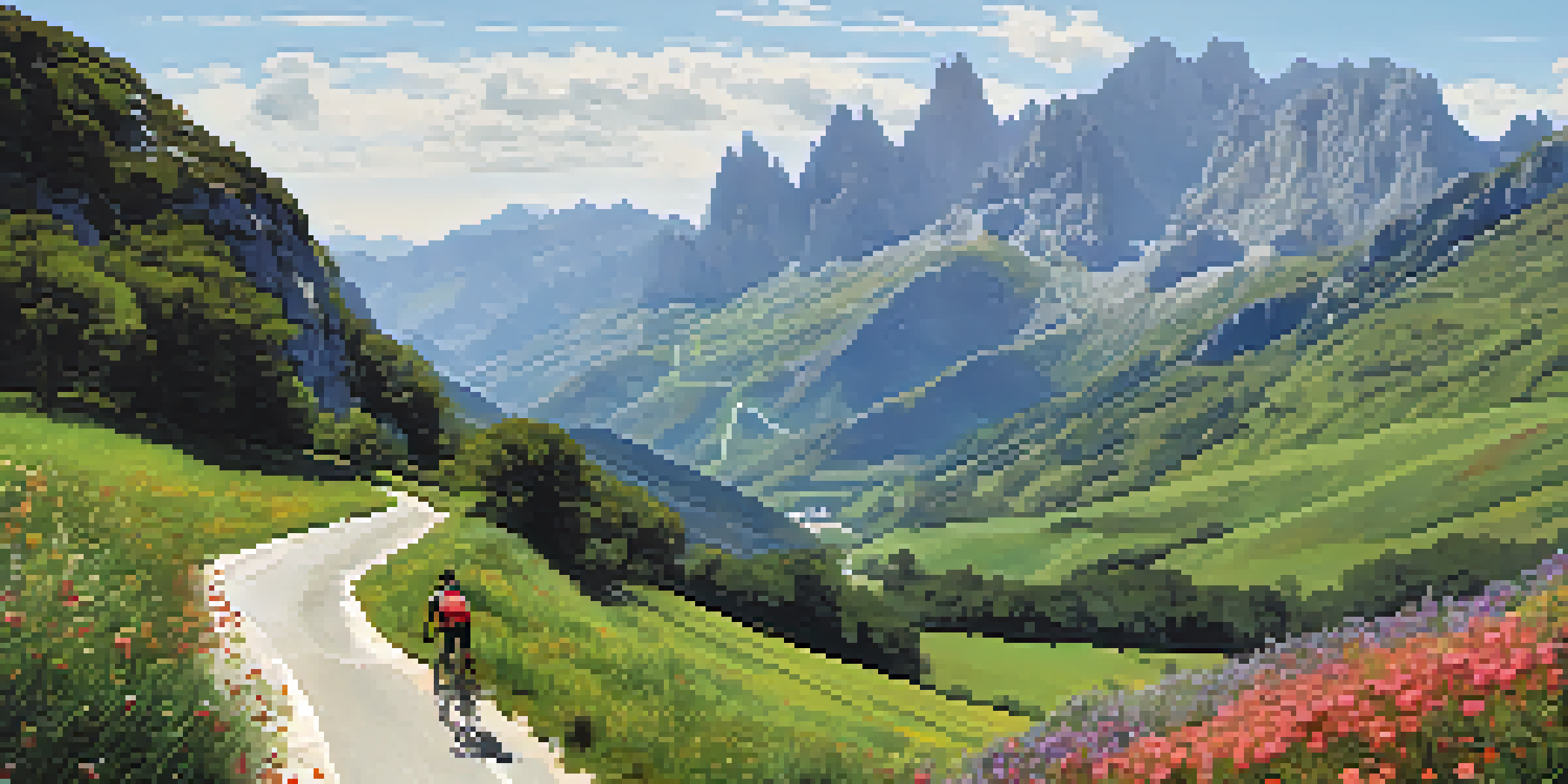 A cyclist on a peaceful path in the Picos de Europa, with lush valleys and mountains in the background.