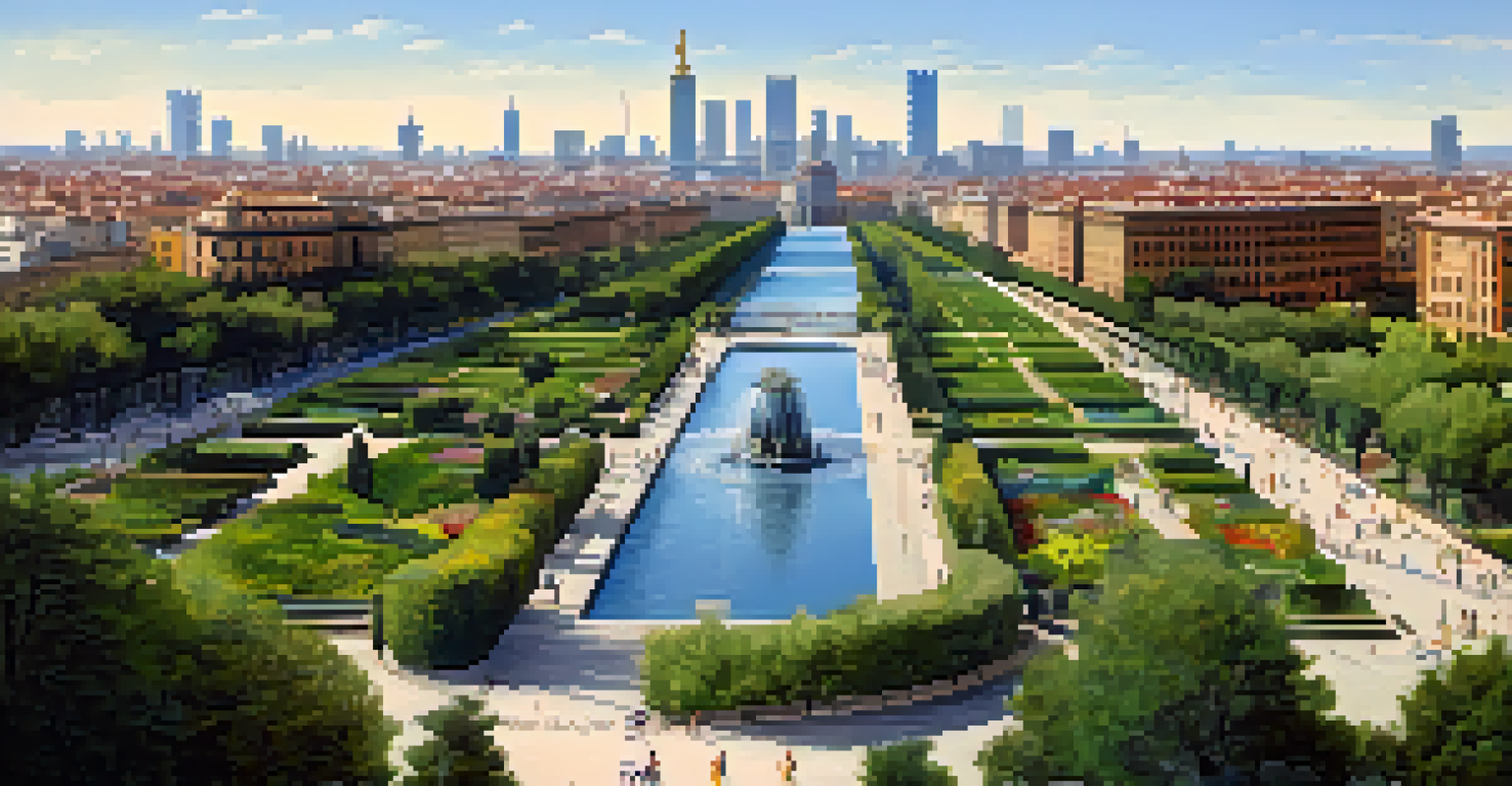 A vibrant urban park scene along the Manzanares River, showcasing paths, gardens, and city skyline.