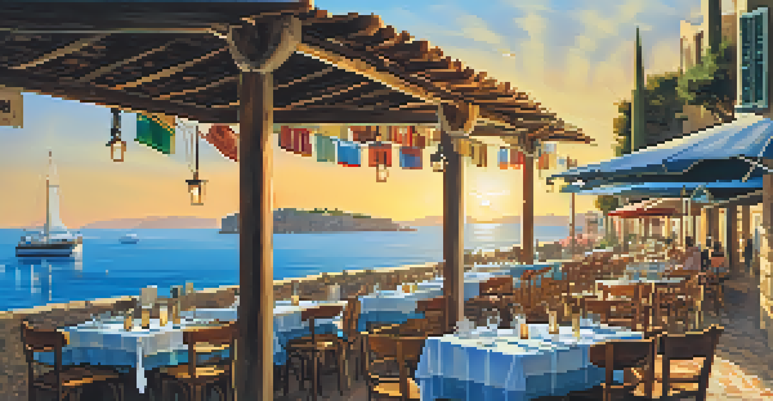 A beachfront restaurant in the Balearic Islands, with diners enjoying seafood dishes as the sun sets over the Mediterranean.