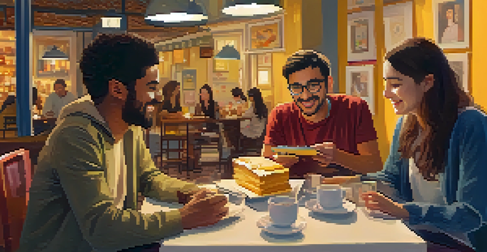 A warm and inviting café with diverse individuals engaged in conversation during a language exchange meetup, surrounded by pastries and books.