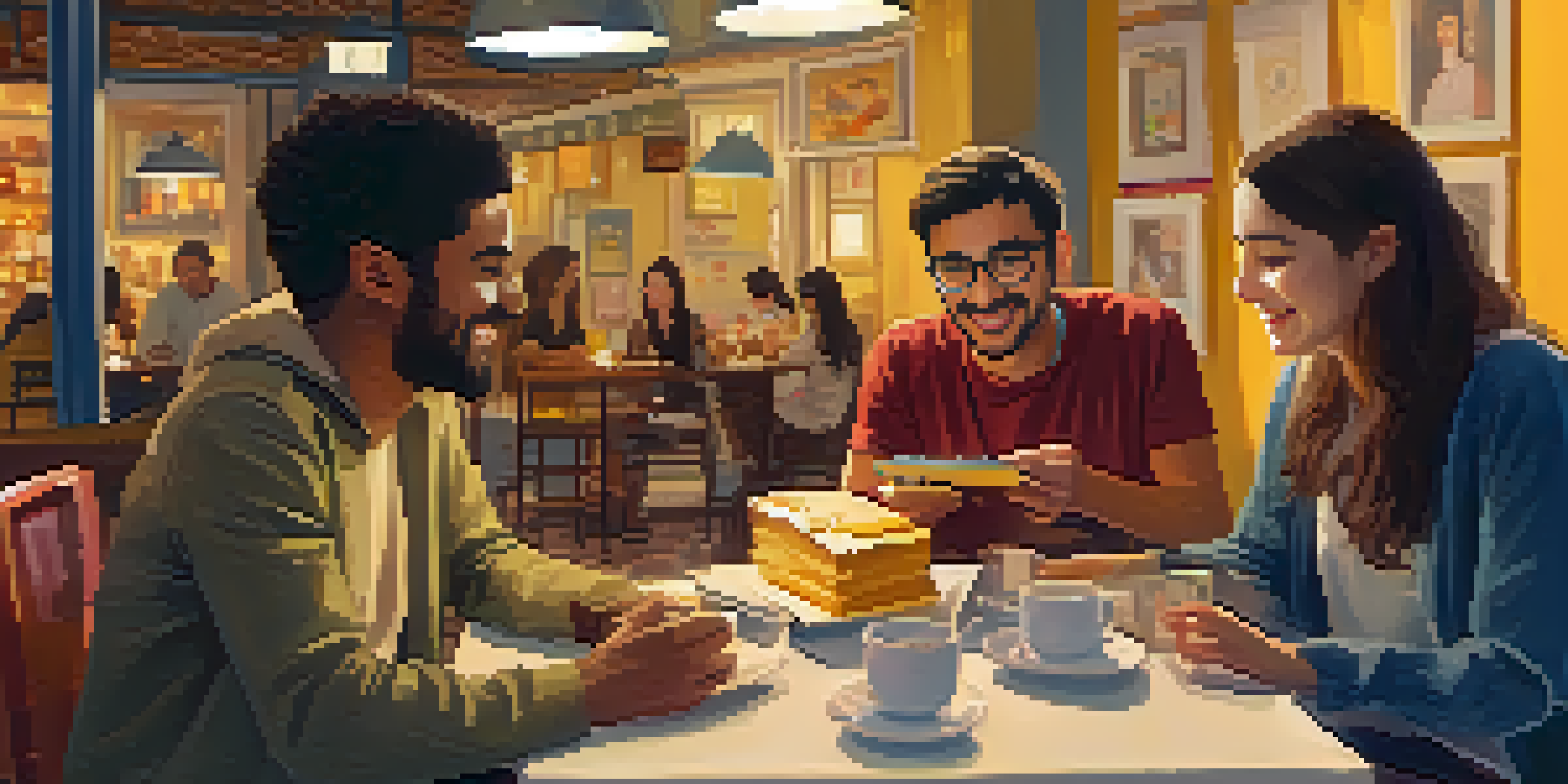 A warm and inviting café with diverse individuals engaged in conversation during a language exchange meetup, surrounded by pastries and books.