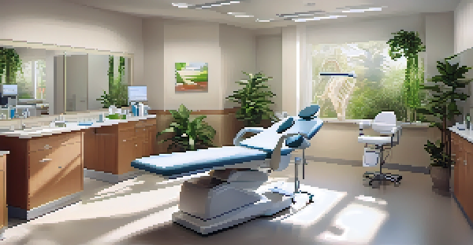 A bright clinic room with a nurse attending to a patient in a dental chair, surrounded by modern dental tools and plants.