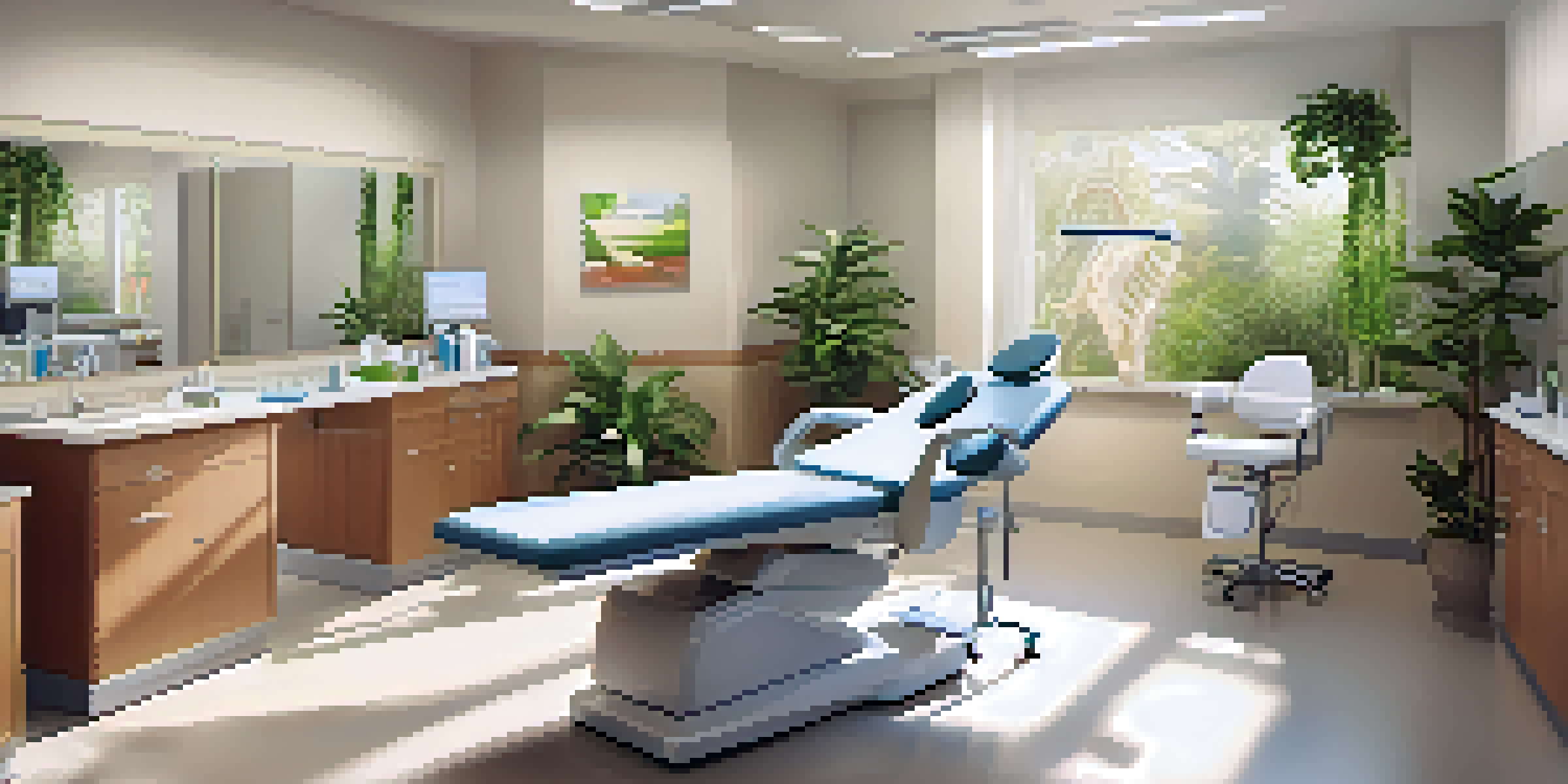 A bright clinic room with a nurse attending to a patient in a dental chair, surrounded by modern dental tools and plants.