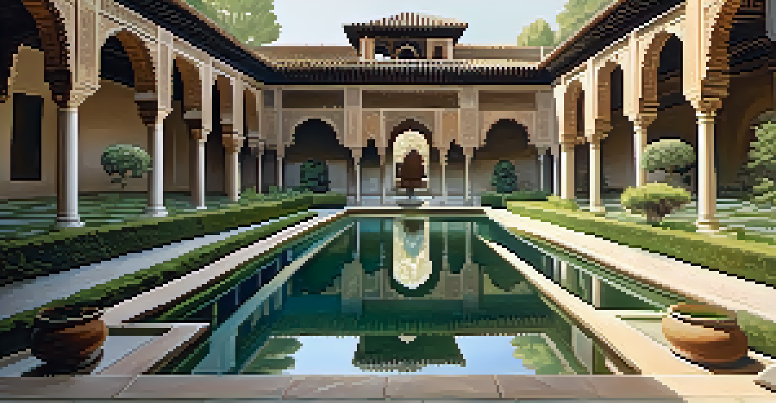 A tranquil courtyard in the Alhambra with a reflecting pool and lush greenery, highlighting light and shadow.
