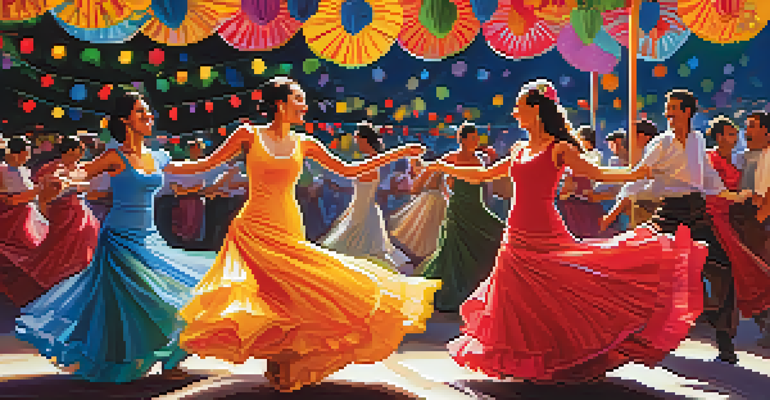 Women in colorful flamenco dresses dancing at Feria de Abril in Seville, surrounded by vibrant lights and festive decorations.