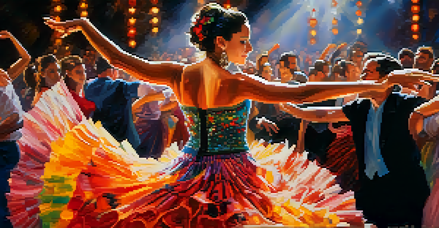 A flamenco dancer performing passionately in a colorful dress, with vibrant lights and an enthusiastic crowd in the background, representing Andalusian culture.