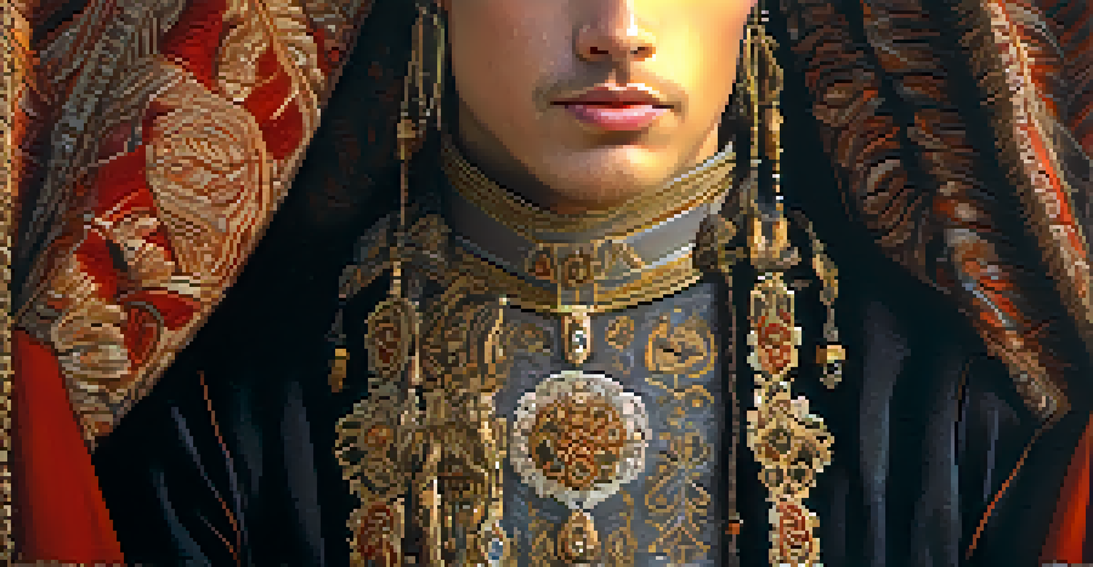 A close-up of a participant in a medieval costume, showcasing intricate embroidery and accessories in soft light.