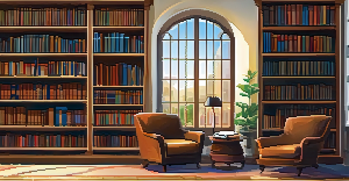 A warm and inviting reading nook in a library, with wooden bookshelves and a comfortable armchair, bathed in natural light.