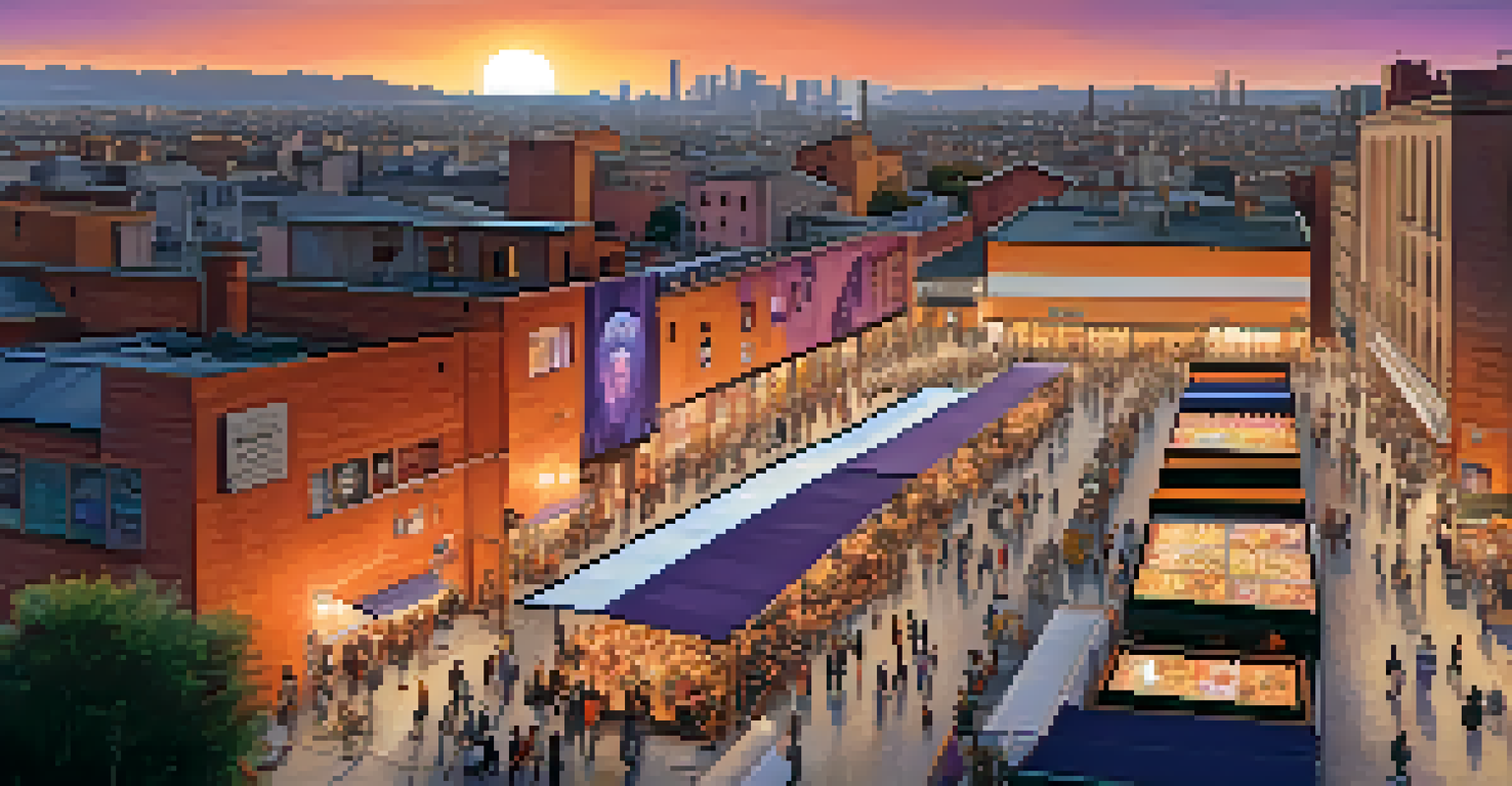 A panoramic view of Poblenou with large murals and visitors enjoying the street art.