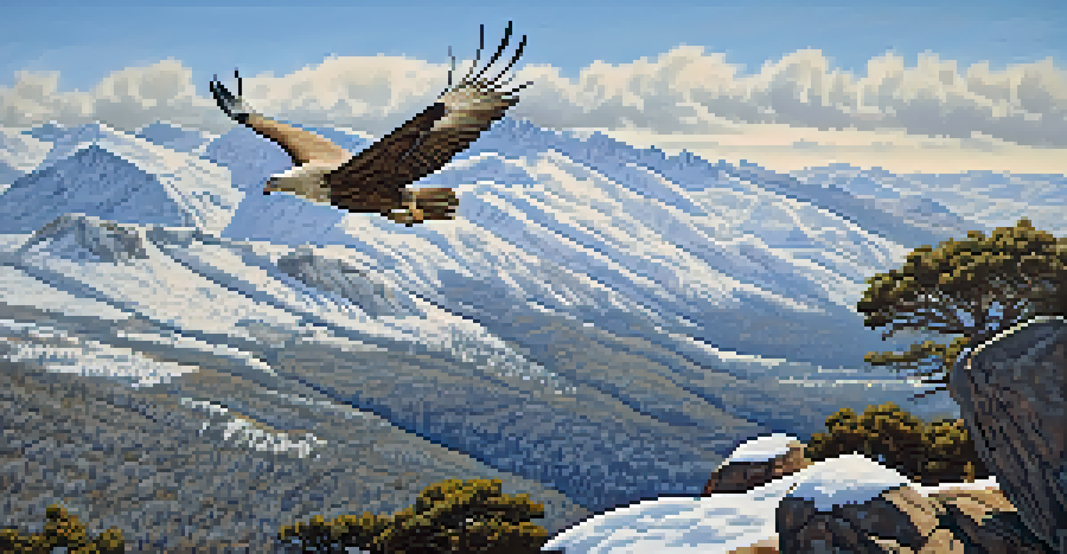 A winter landscape with a griffon vulture flying over snow-capped mountains in the Sierra de Guadarrama.