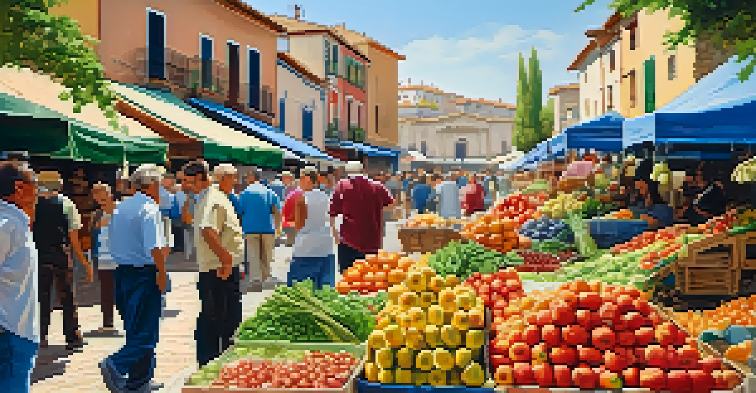 A lively local market in rural Spain with colorful stalls and people interacting.