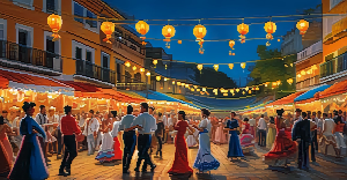 A lively festival scene in Seville with colorful tents, people dancing in traditional flamenco attire, and warm lighting.