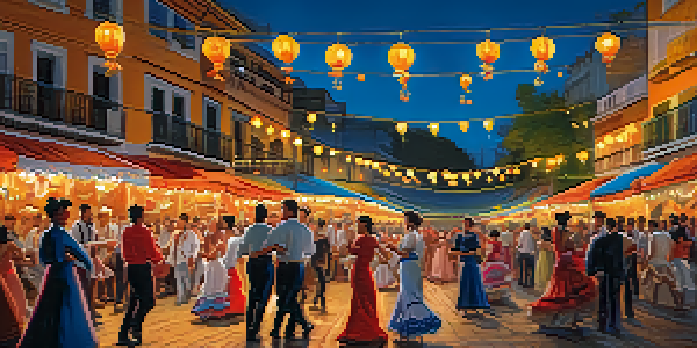 A lively festival scene in Seville with colorful tents, people dancing in traditional flamenco attire, and warm lighting.