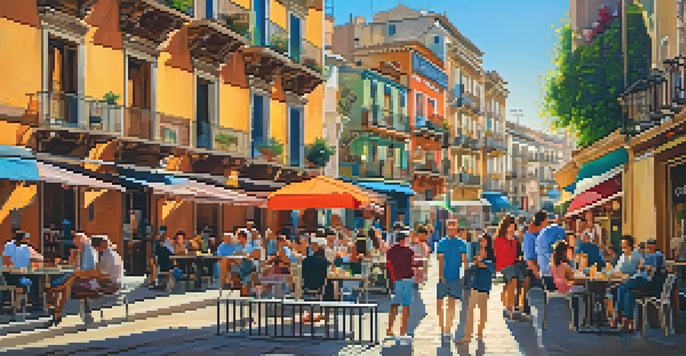 A bustling street in Ruzafa, Valencia, filled with colorful buildings, outdoor cafes, and people enjoying the festive atmosphere.