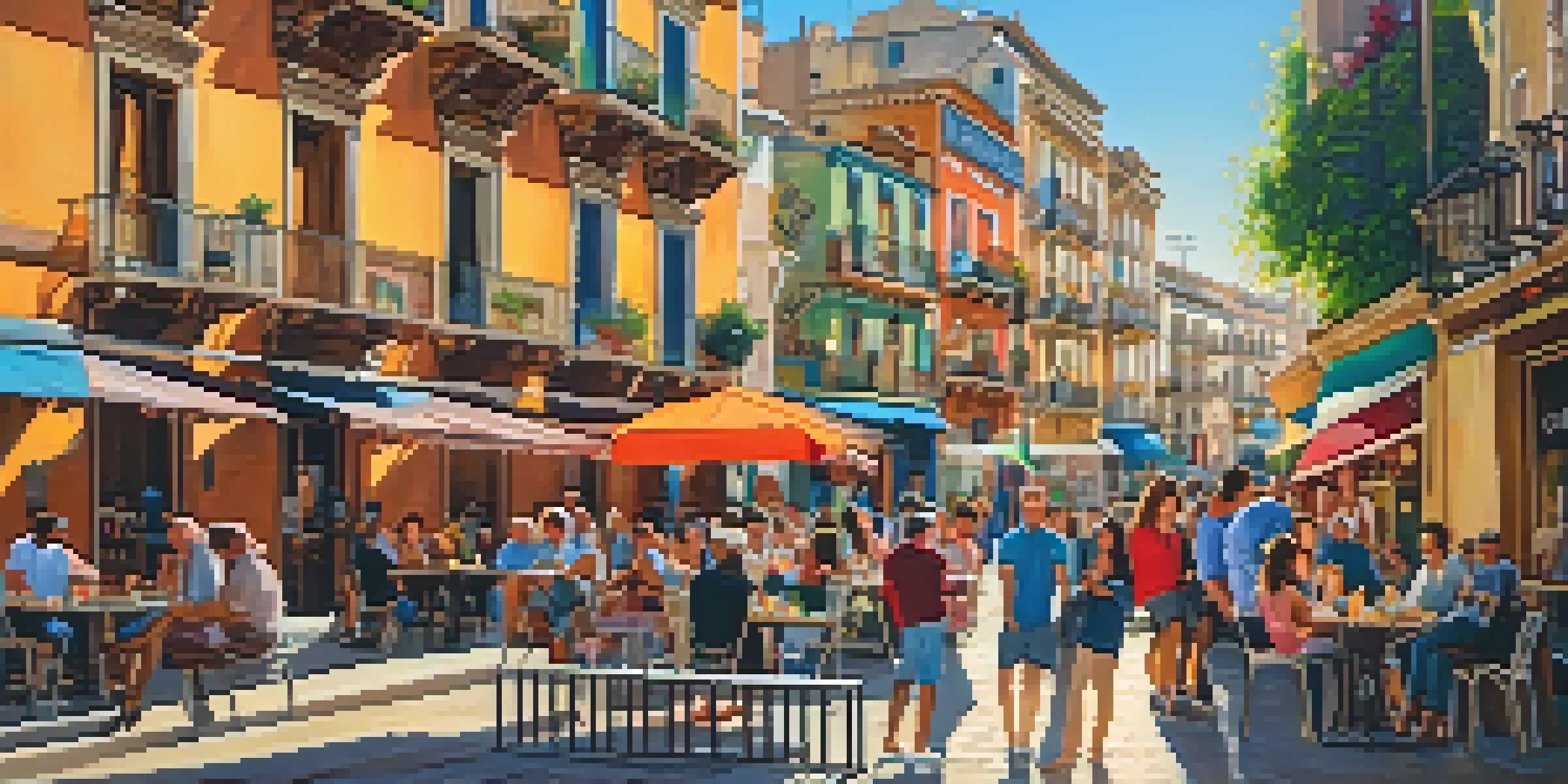 A bustling street in Ruzafa, Valencia, filled with colorful buildings, outdoor cafes, and people enjoying the festive atmosphere.