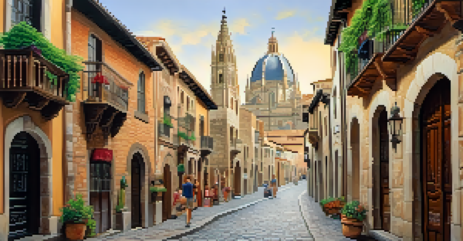 A winding street in Toledo with historical buildings and the Cathedral in the background.
