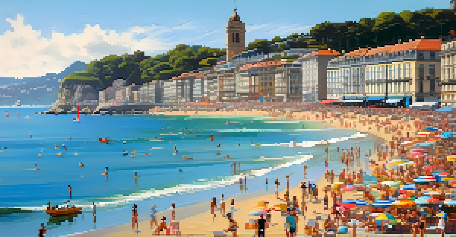 A coastal festival scene in San Sebastián, showcasing art installations and live music performances on a sunny beach.