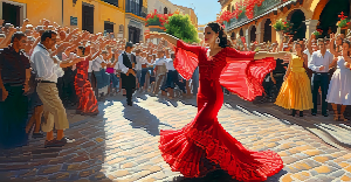 A Flamenco dancer in a red dress performing on a street in Seville, with spectators clapping and colorful decorations around.
