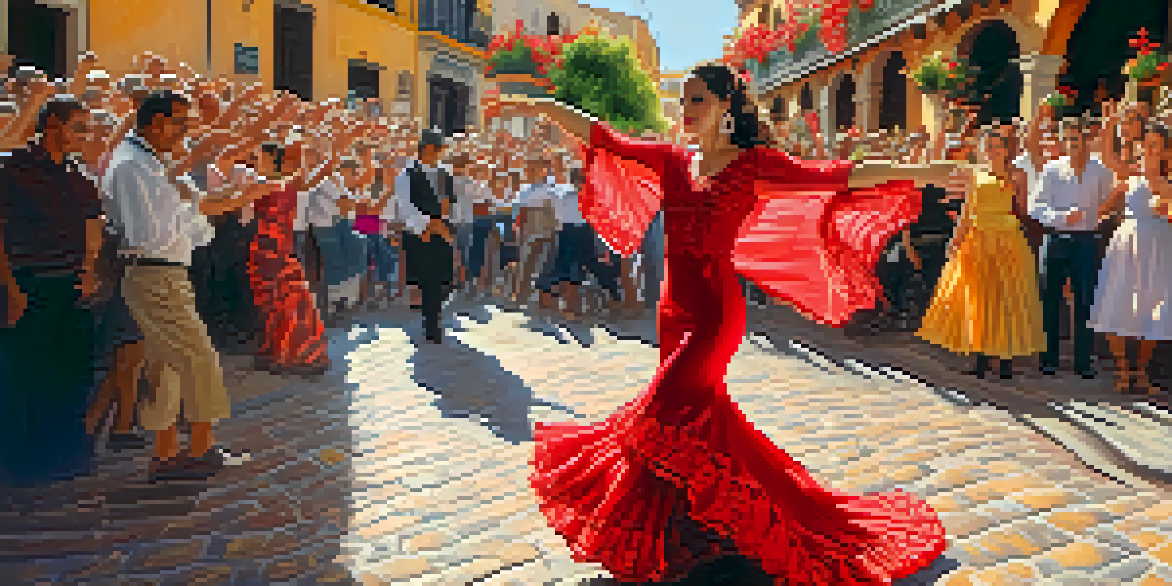 A Flamenco dancer in a red dress performing on a street in Seville, with spectators clapping and colorful decorations around.