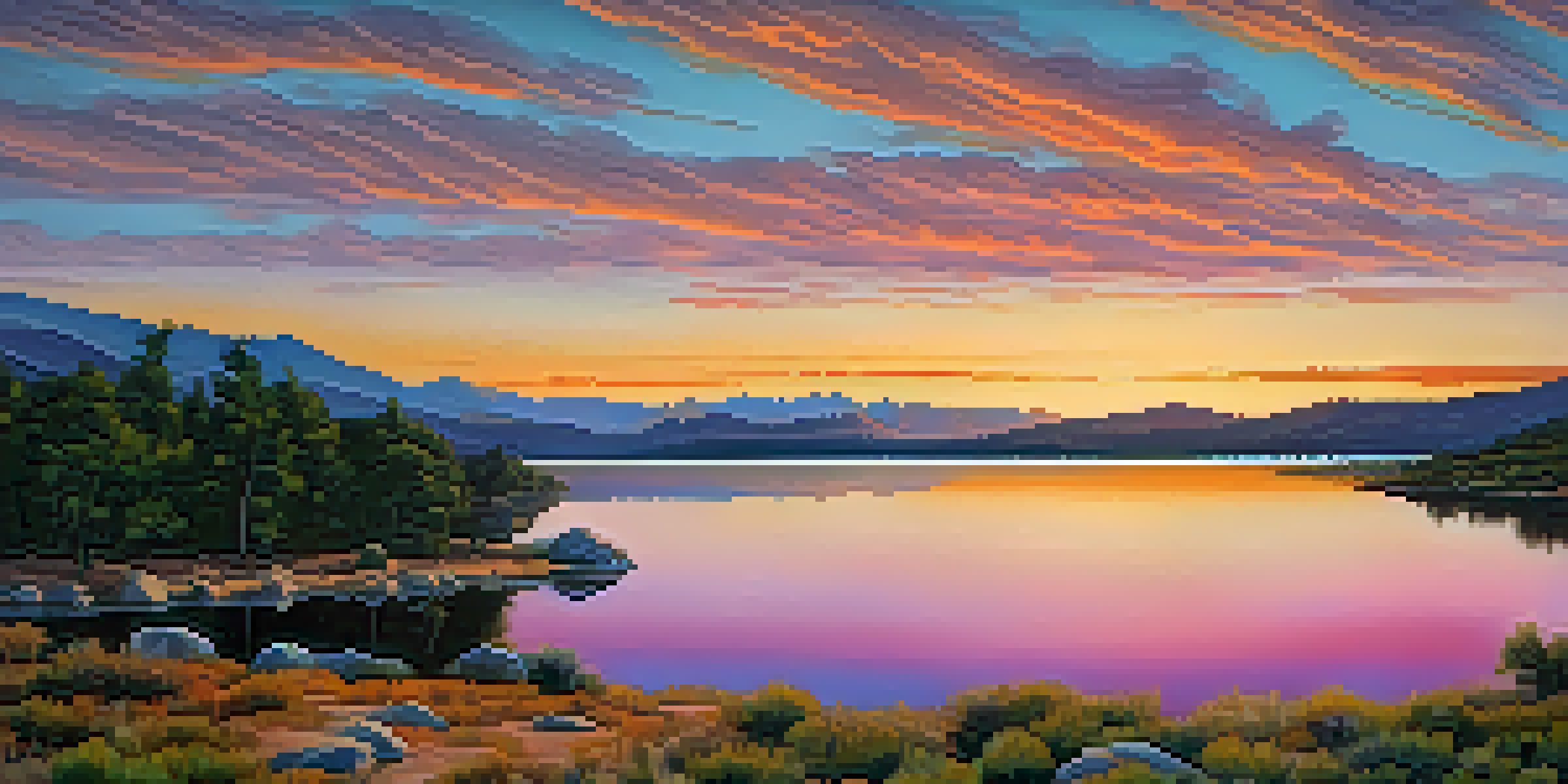 A sunset view of the Sierra de Guadarrama mountains, with a lake in the foreground and a person standing by the shore, surrounded by trees.