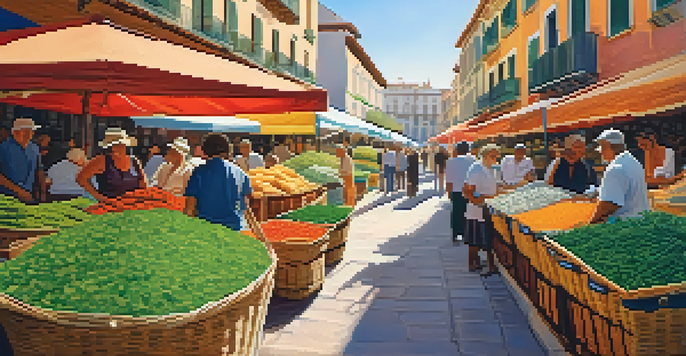 A lively market filled with fresh herbs and colorful baskets, people shopping, and traditional Spanish architecture in the background.