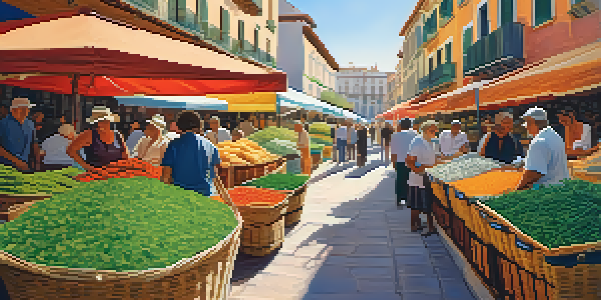 A lively market filled with fresh herbs and colorful baskets, people shopping, and traditional Spanish architecture in the background.