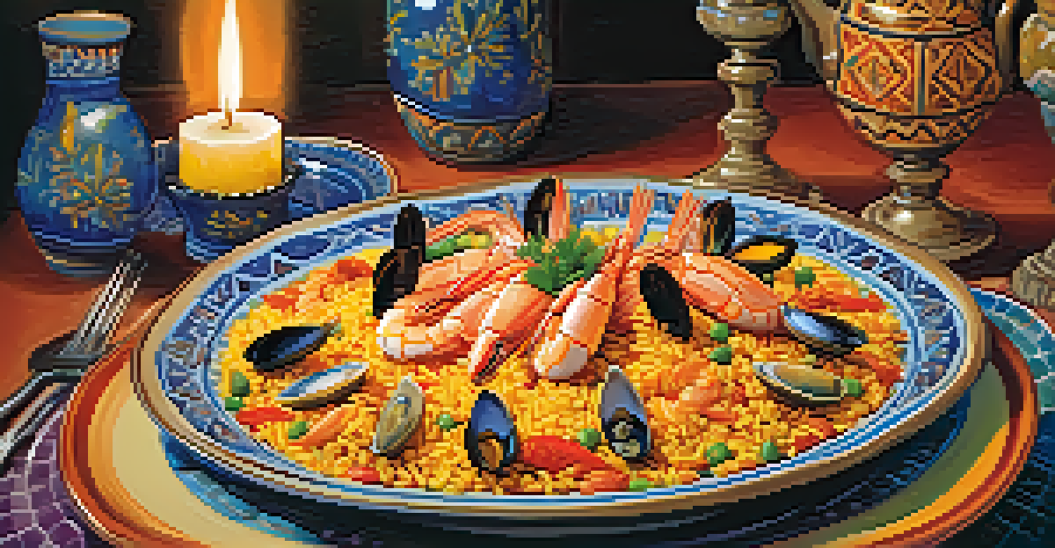 A plate of paella with seafood, saffron rice, and Spanish pottery in the background.