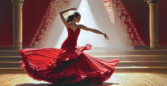 A flamenco dancer in a red dress performing on stage, with warm lighting and a guitar player in the background.