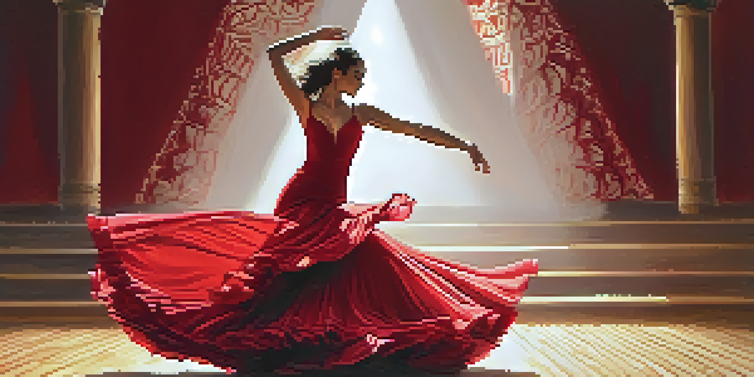 A flamenco dancer in a red dress performing on stage, with warm lighting and a guitar player in the background.