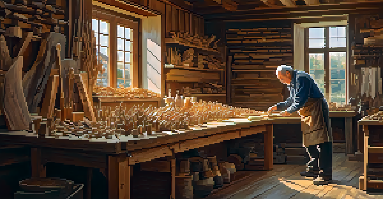 An artisan craftsman in Galicia creating wooden sculptures in a workshop filled with tools and bright natural light, showcasing the textures of wood and craftsmanship.