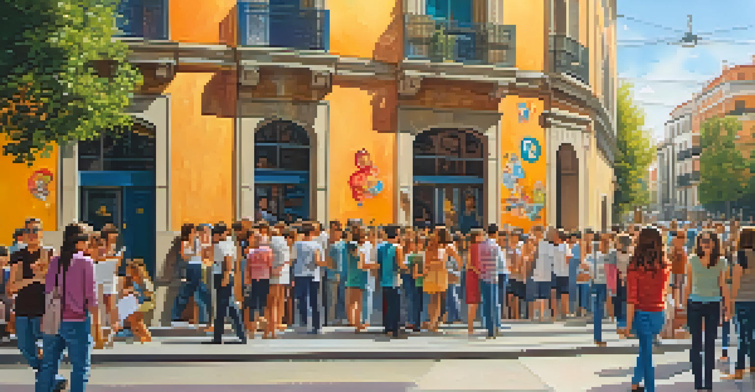 A vibrant mural in Malasaña, Madrid, with playful characters, surrounded by young people and vintage buildings under a warm glow.