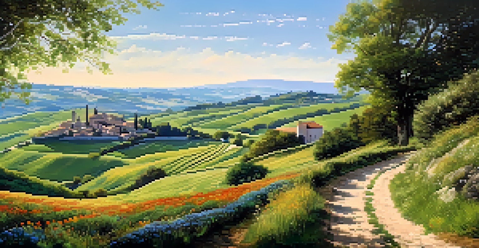 A picturesque cycling route along the Camino de Santiago with green hills, wildflowers, and a stone church, with cyclists riding.