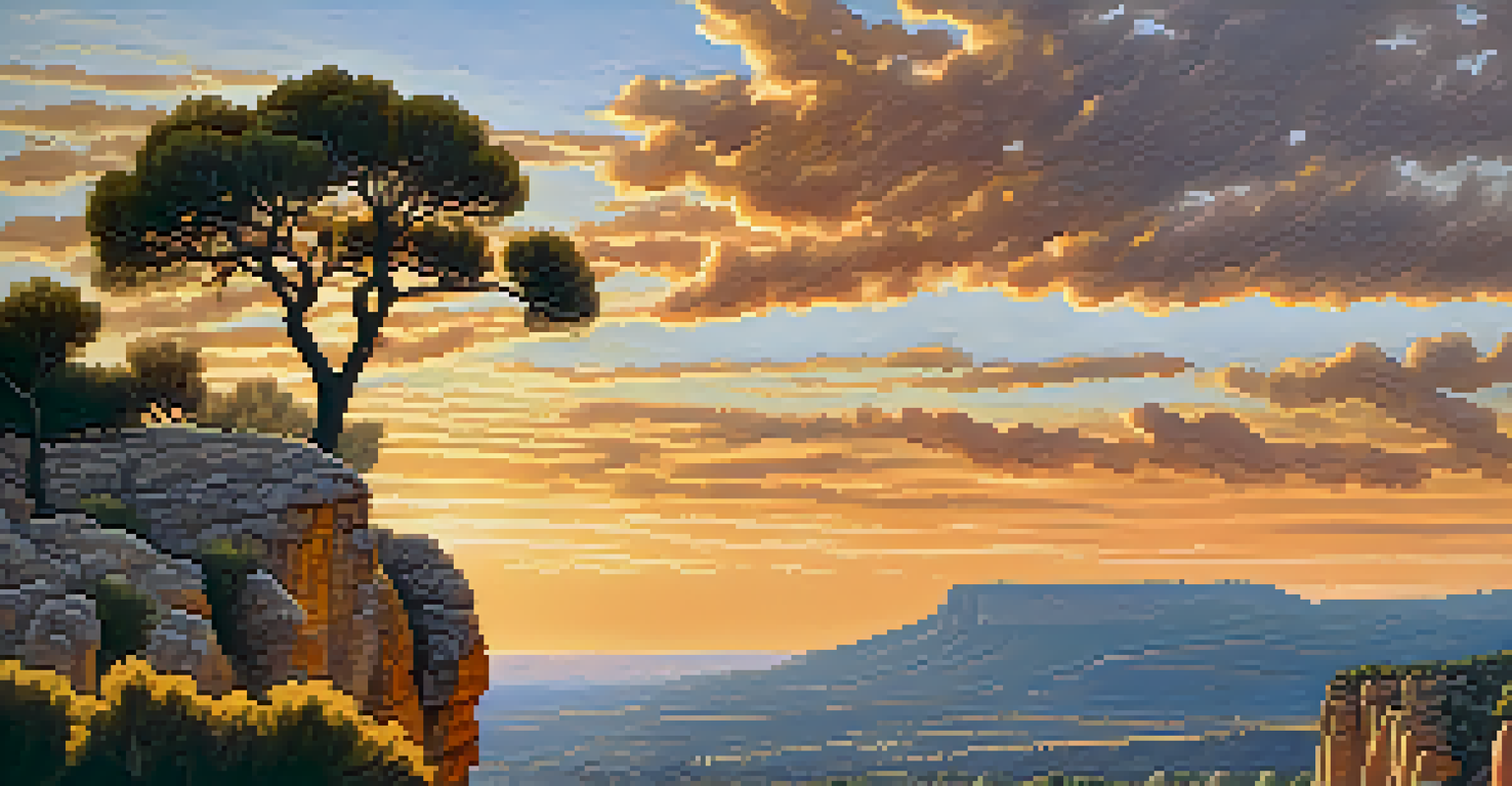 A climber on the cliffs of Siurana at sunset, with olive groves and colorful skies in the background.