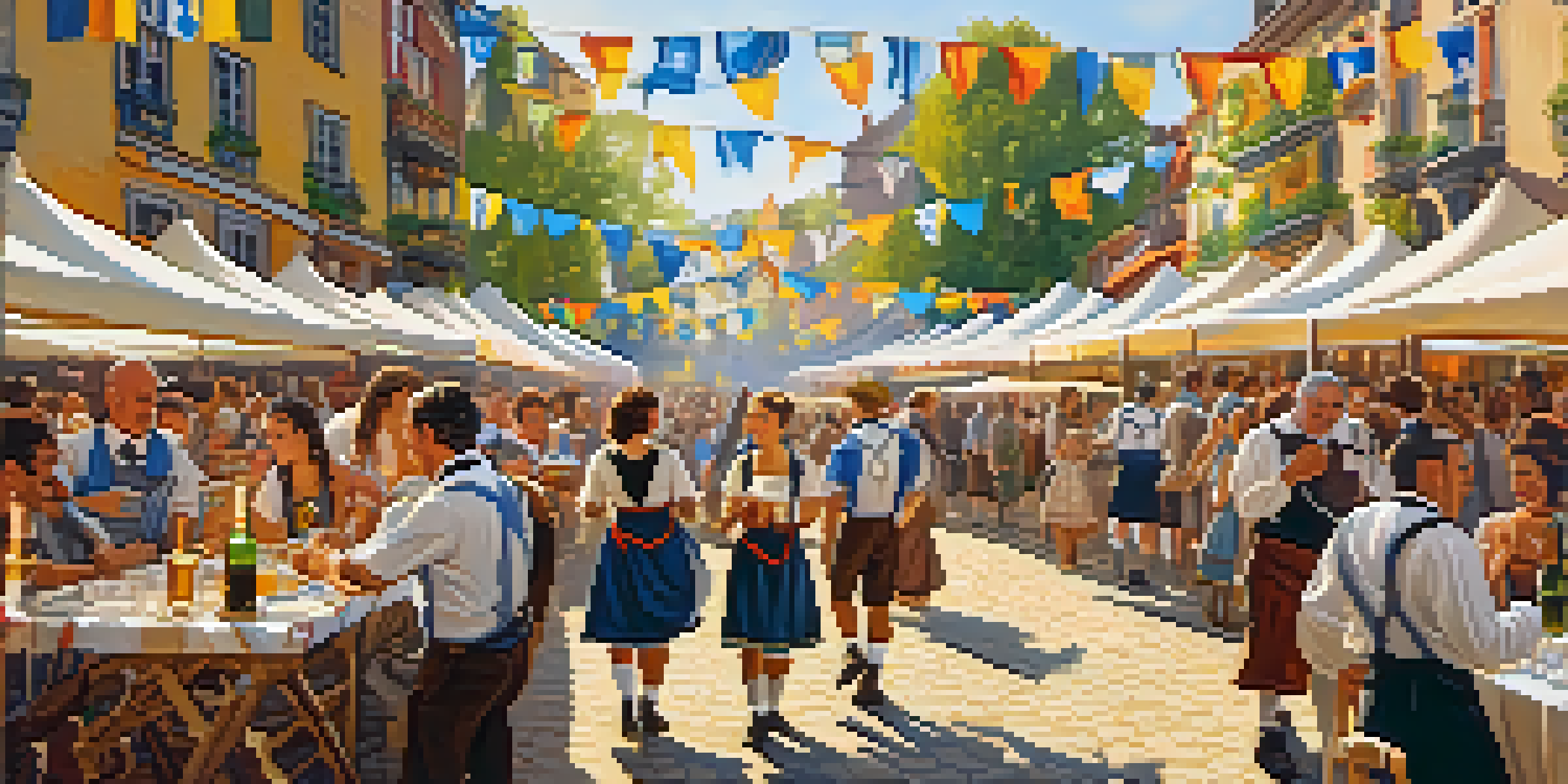 A lively Oktoberfest celebration in Spain with people in traditional attire raising beer steins, surrounded by food and decorations.
