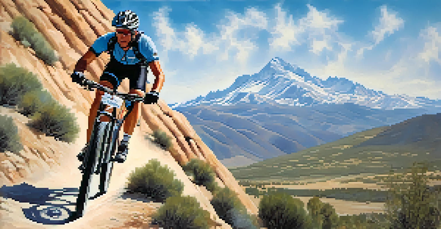 A mountain biker on a rocky trail in the Sierra Nevada with mountains in the background.