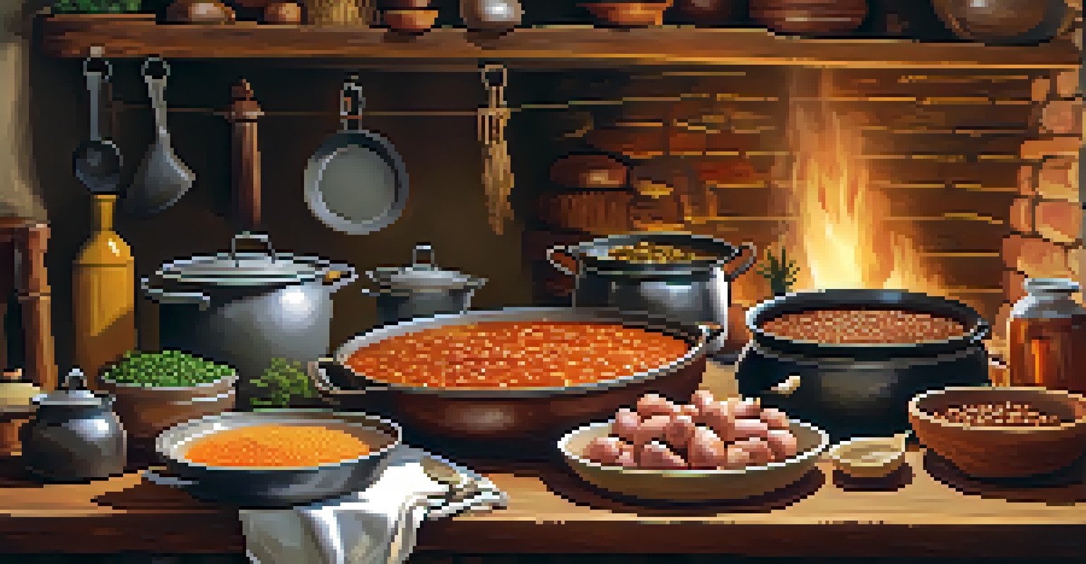 A rustic kitchen table filled with ingredients for a cocido stew, showcasing traditional Spanish cooking elements.