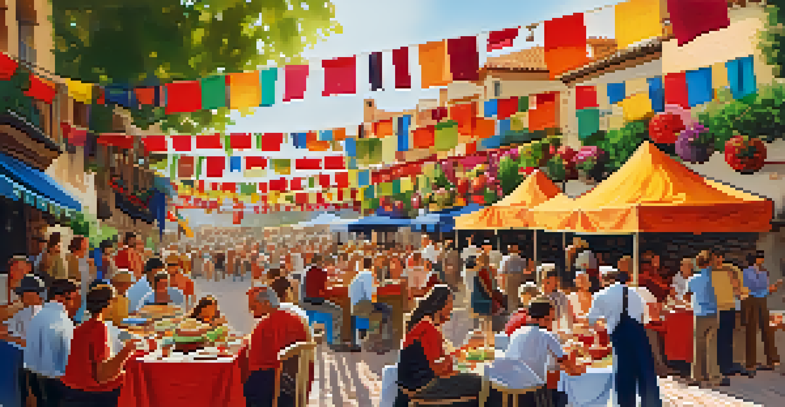 A lively Spanish food festival with people enjoying tapas and traditional dishes, surrounded by festive decorations.